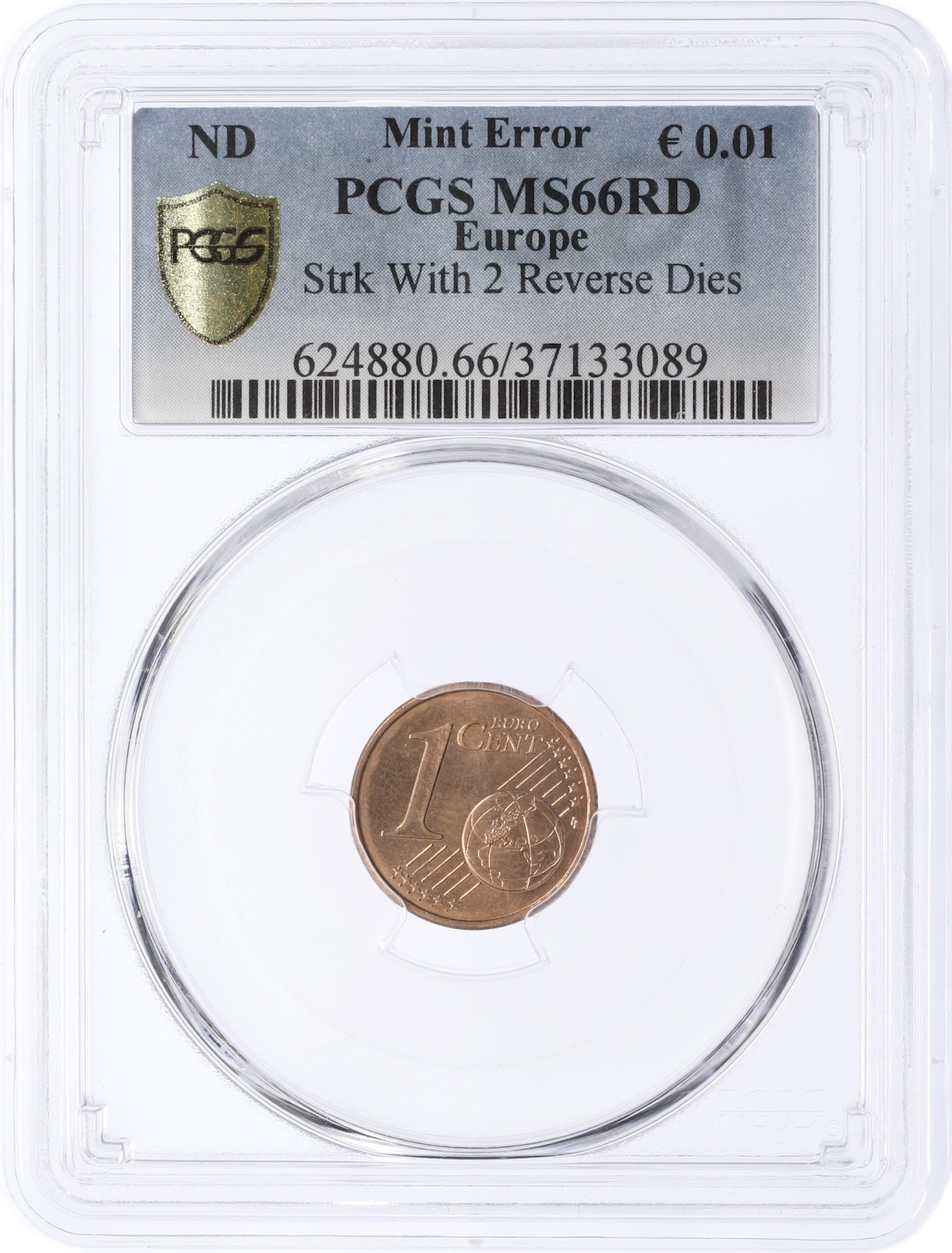 1 евроцент 1999-2024 года Брак (аверс-аверс) — в слабе PCGS (MS66RD) — Фото №3