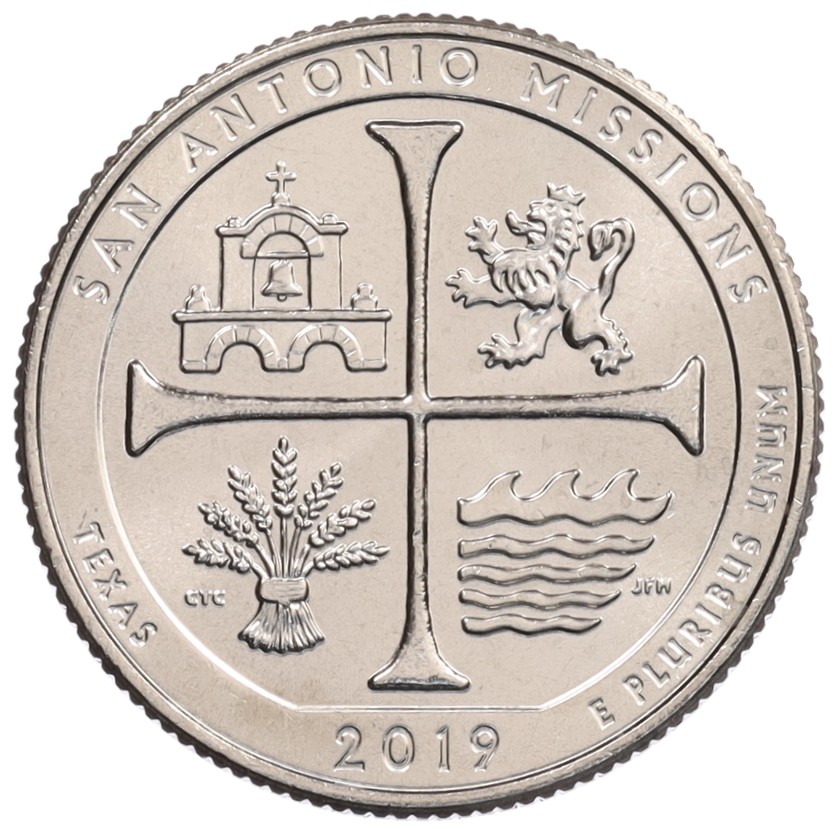 1/4 доллара (25 центов) 2019 года D США «Национальные парки — №49 Национальный Исторический Парк Миссии Сан-Антонио» — Фото №1