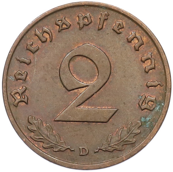 2 рейхспфеннига 1939 года D Германия — Фото №2
