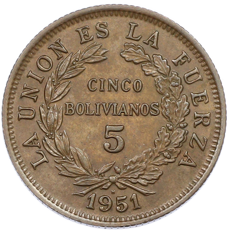 5 боливиано 1951 года Боливия — Фото №1
