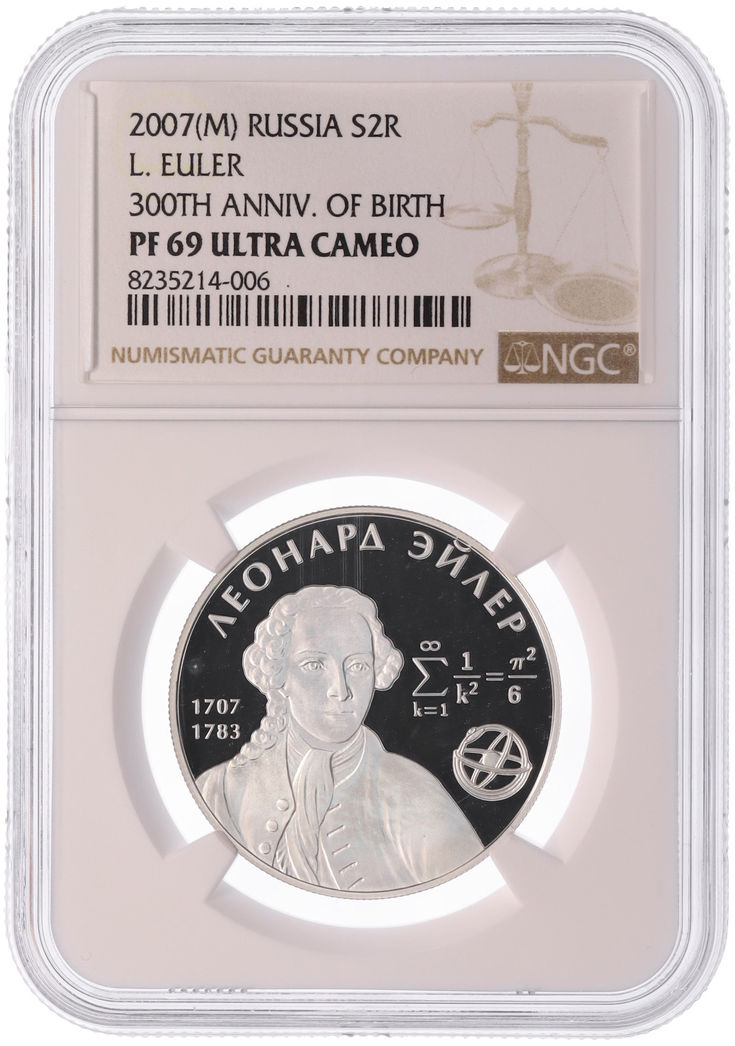 2 рубля 2007 года ММД «300 лет со дня рождения Леонарда Эйлера» в слабе NGC (PF69 ULTRA CAMEO) — Фото №3