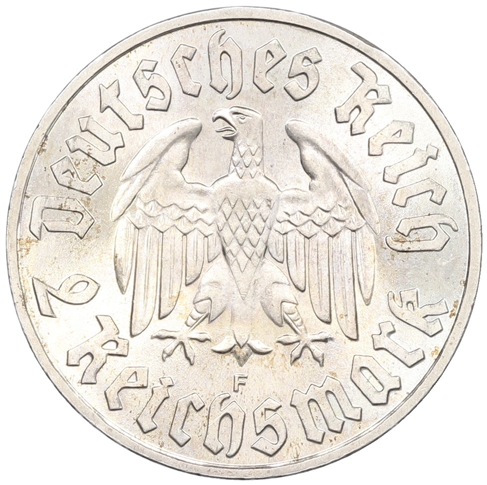 2 рейхсмарки 1933 года F Германия «450 лет со дня рождения Мартина Лютера» — Фото №2