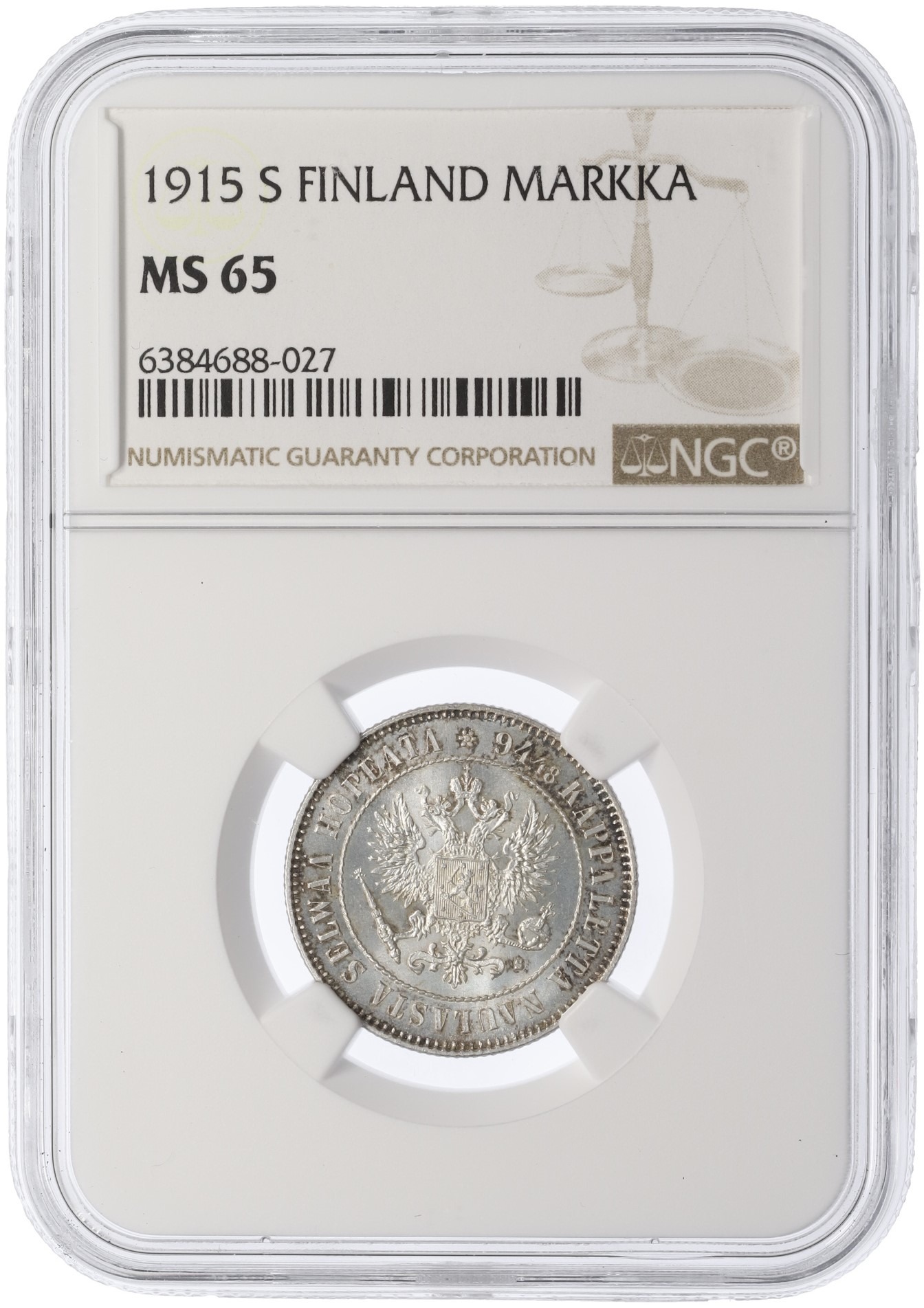 1 марка 1915 года Русская Финляндия — в слабе NGC (MS65) — Фото №3