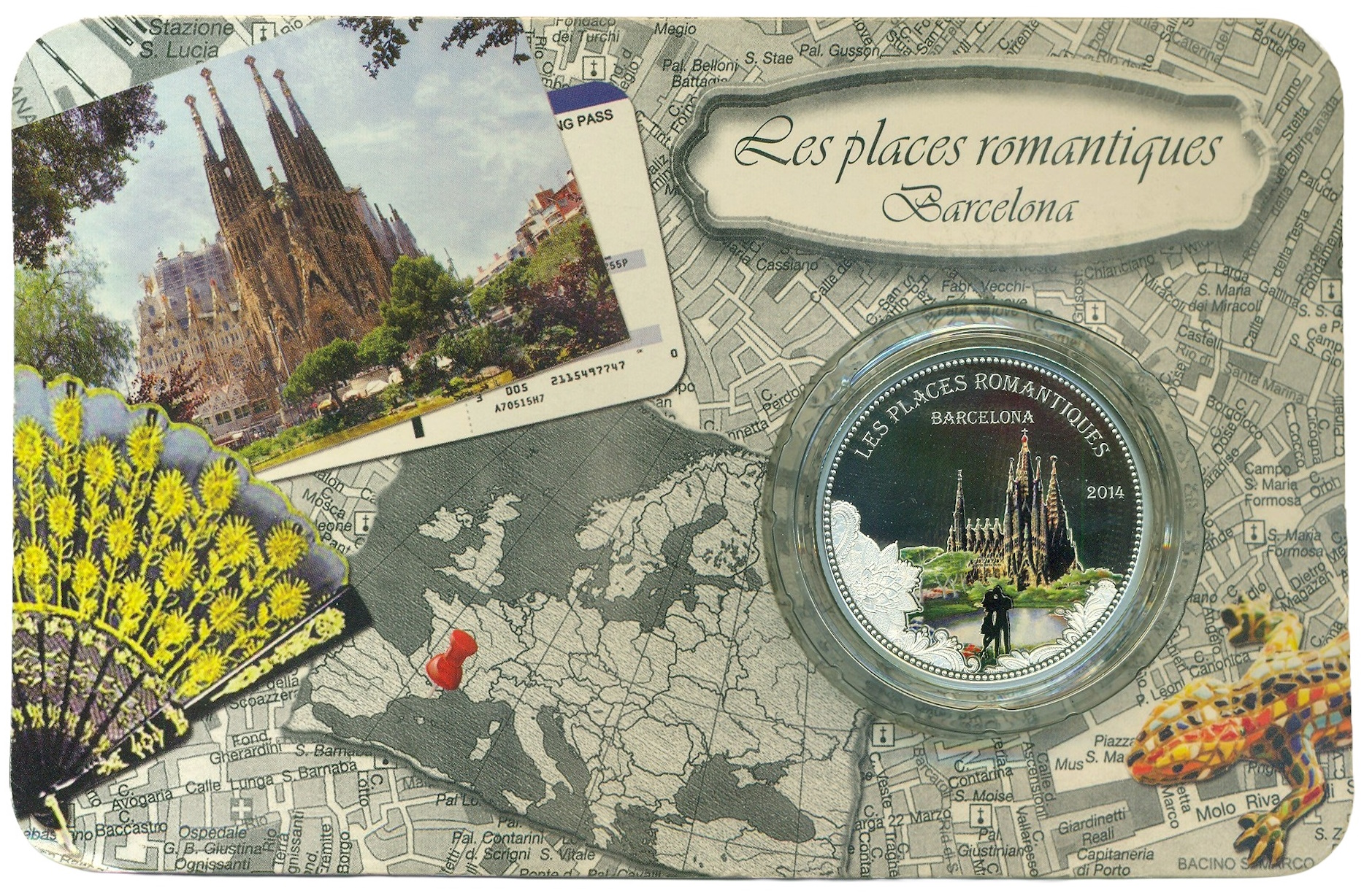 1000 франков 2014 года Бенин «Романтические места — Барселона» (в блистере) — Фото №3