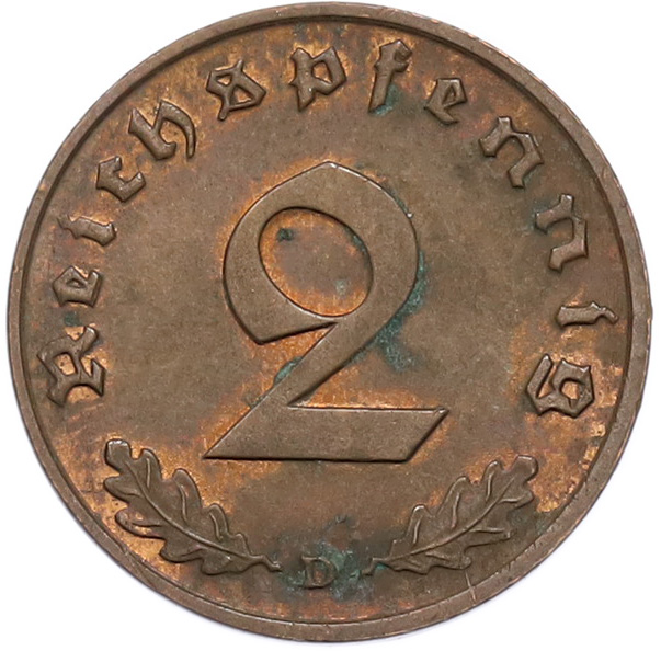 2 рейхспфеннига 1939 года D Германия — Фото №2