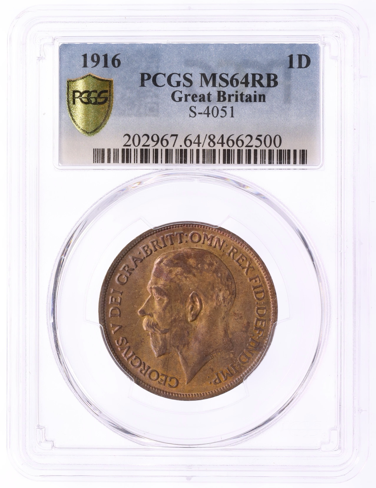 1 пенни 1916 года Великобритания (Король Георг V) в слабе PCGS (MS64RB) — Фото №3