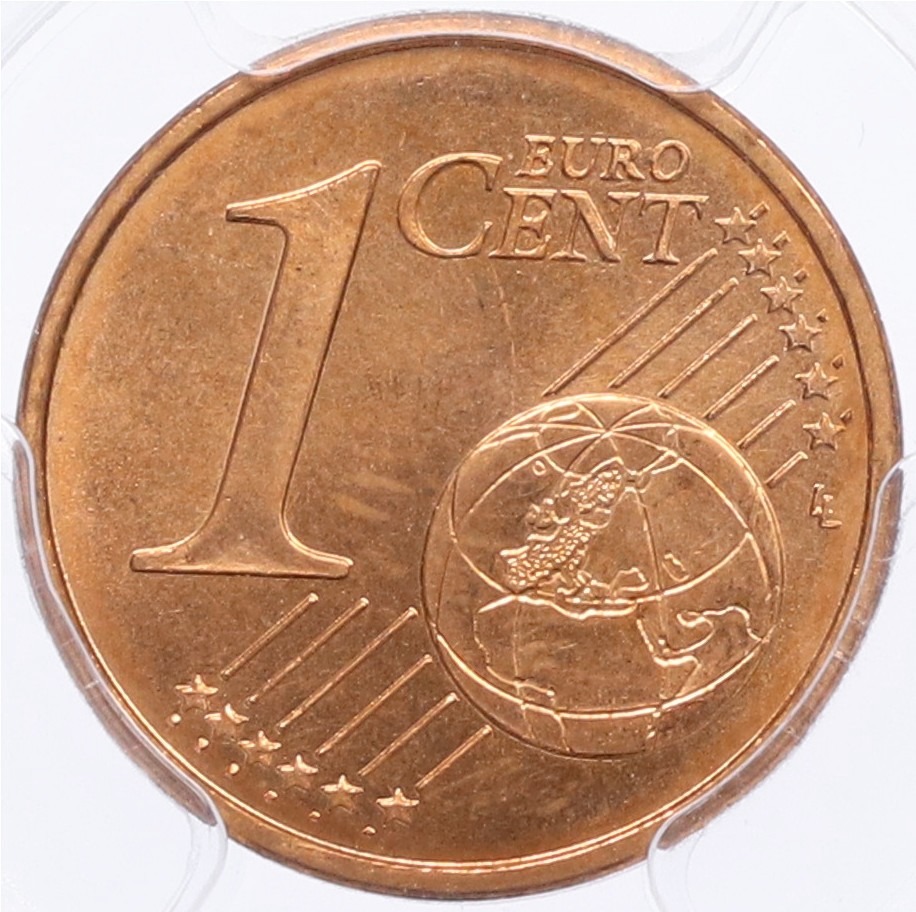 1 евроцент 1999-2024 года Брак (аверс-аверс) — в слабе PCGS (MS66RD) — Фото №1