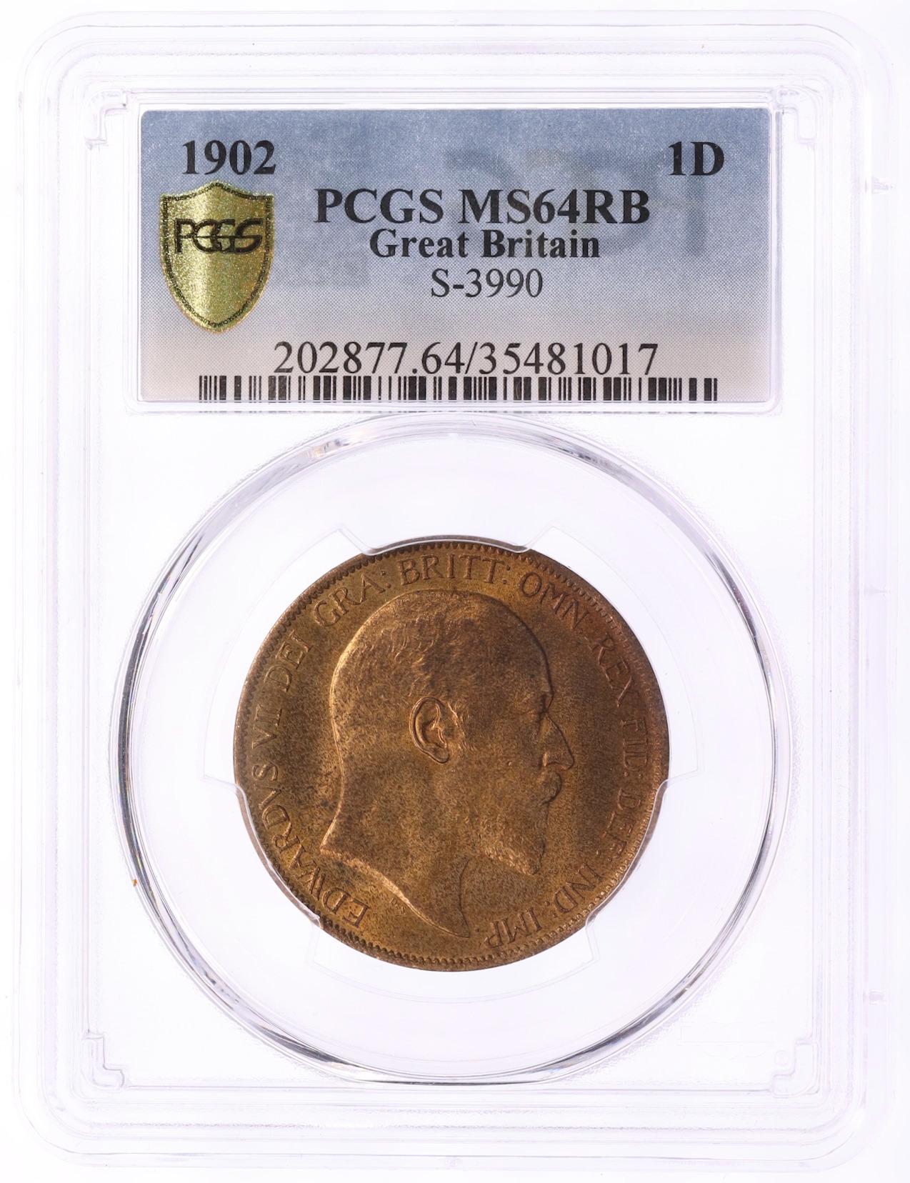 1 пенни 1902 года Великобритания (Король Эдуард VII) в слабе PCGS (MS64RB) — Фото №3