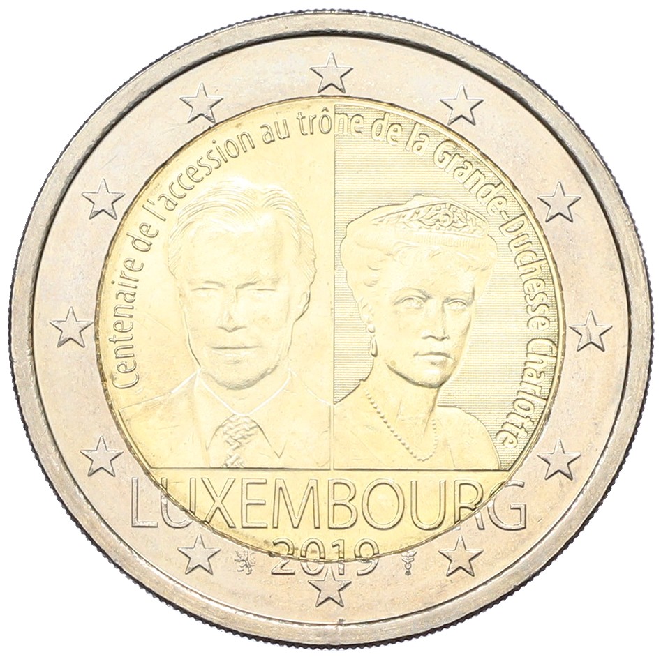 2 евро 2019 года Люксембург «100 лет с дня вступления на трон Великой Герцогини Шарлотты» — Фото №1