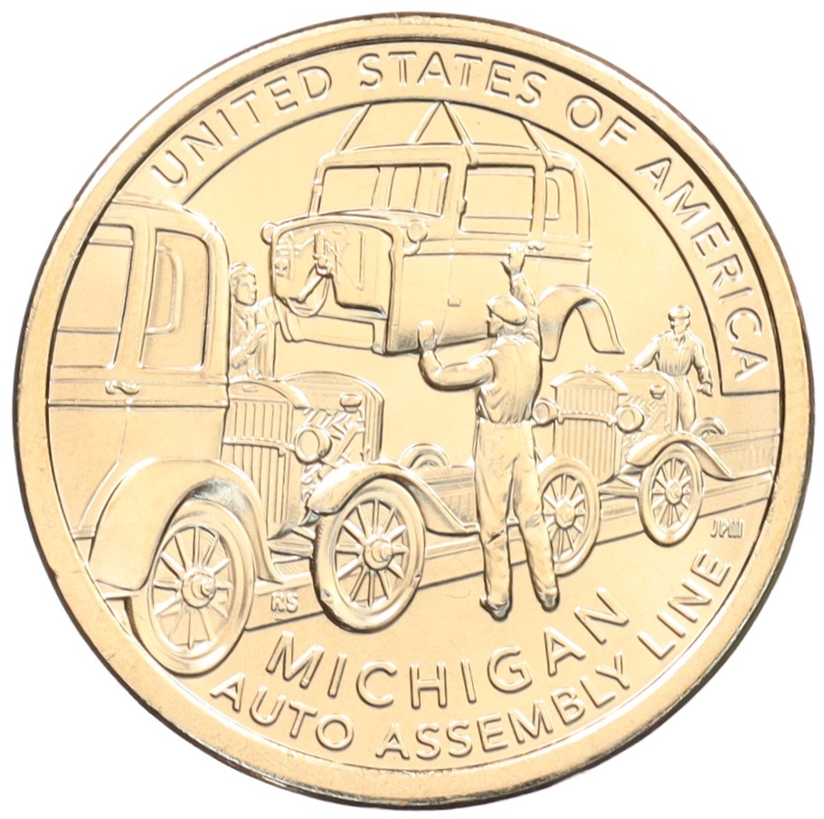 1 доллар 2025 года Р США «Американские инновации — Конвейерная линия для сборки автомобиля (Мичиган)» — Фото №1