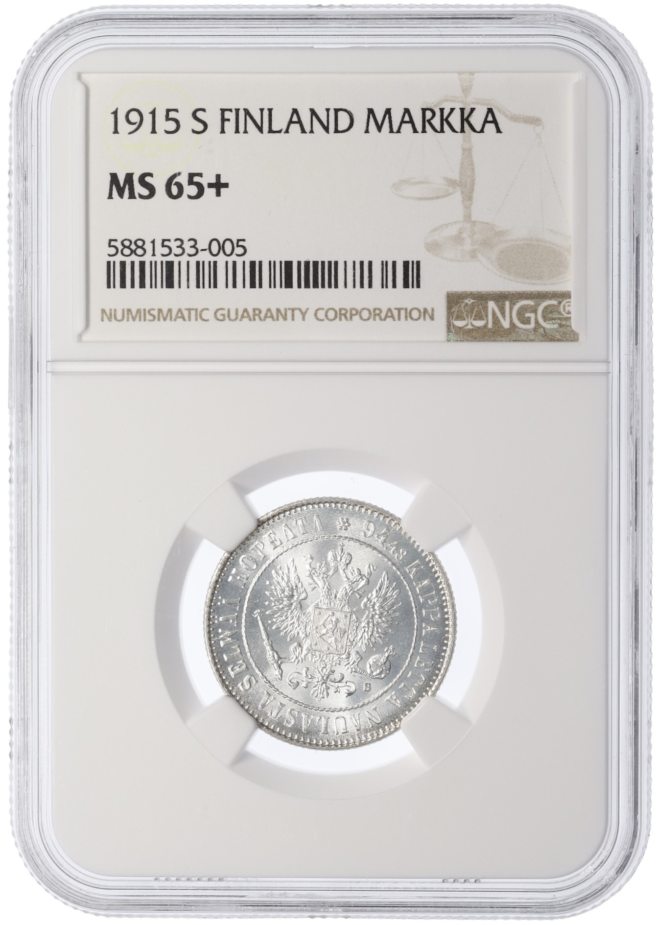 1 марка 1915 года Русская Финляндия — в слабе NGC (MS65+) — Фото №3