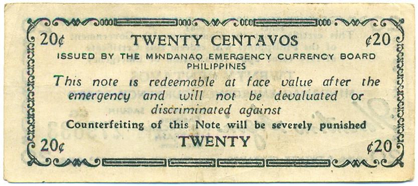 20 сентаво 1943 года Филиппины — провинция Минданао — Фото №2