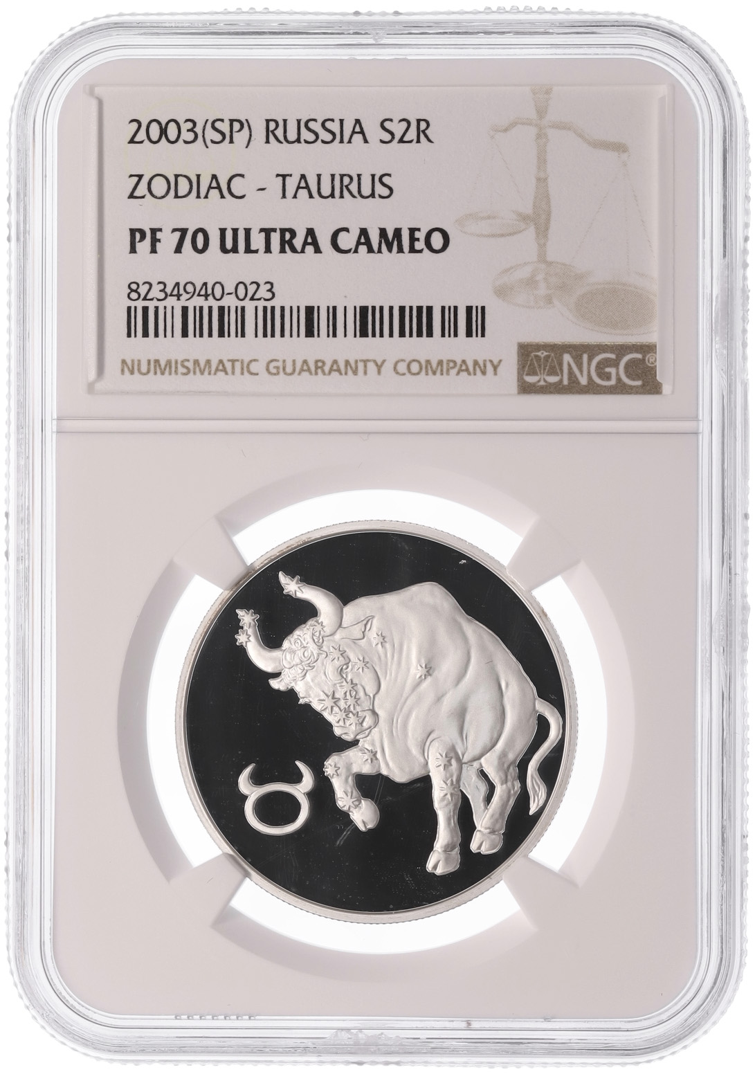 2 рубля 2003 года СПМД «Знаки зодиака — Телец» в слабе NGC (PF70 ULTRA CAMEO) — Фото №3