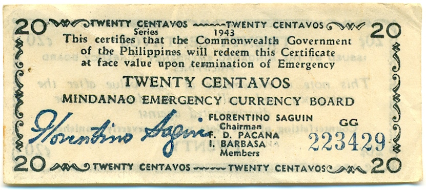 20 сентаво 1943 года Филиппины — провинция Минданао — Фото №1