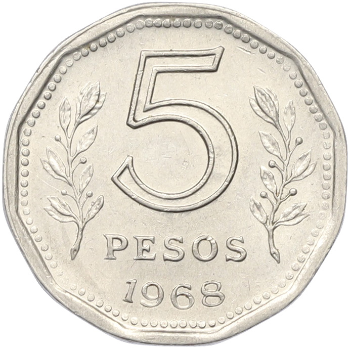 5 песо 1968 года Аргентина — Фото №1