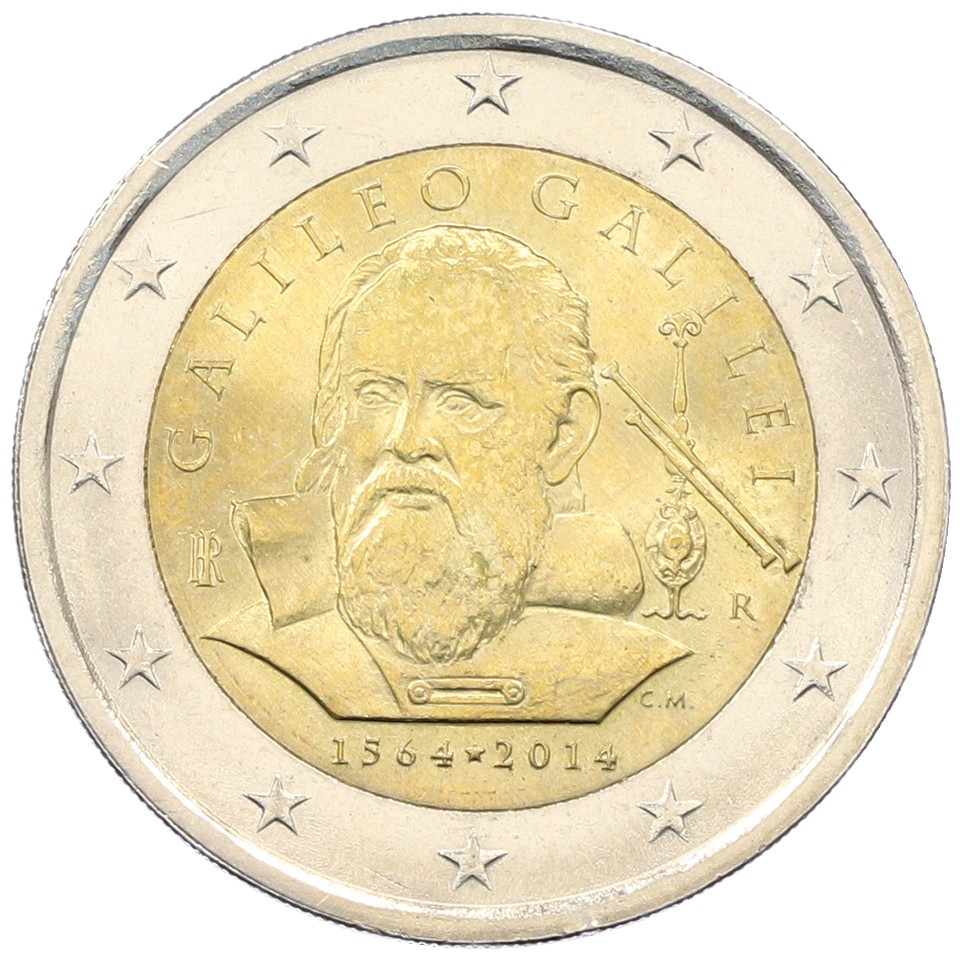 2 евро 2014 года Италия «450 лет со дня рождения Галилео Галилея» — Фото №1