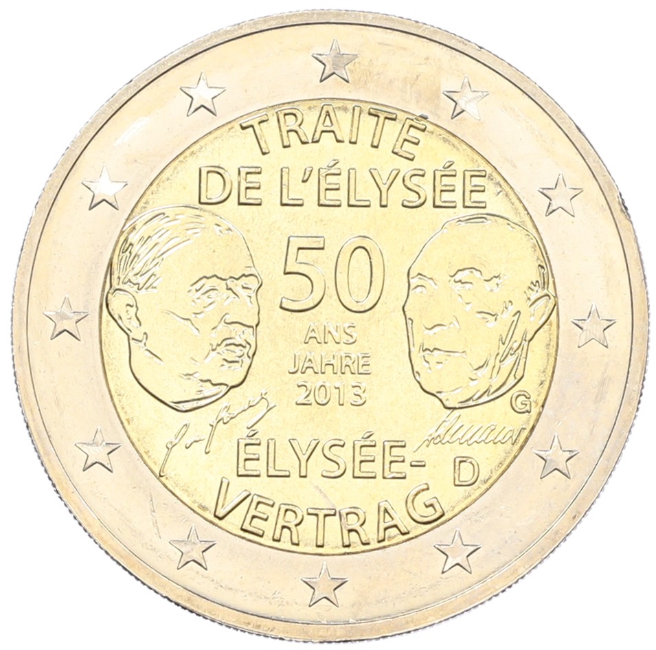 2 евро 2013 года G Германия «50 лет подписанию Елисейского договора» — Фото №1