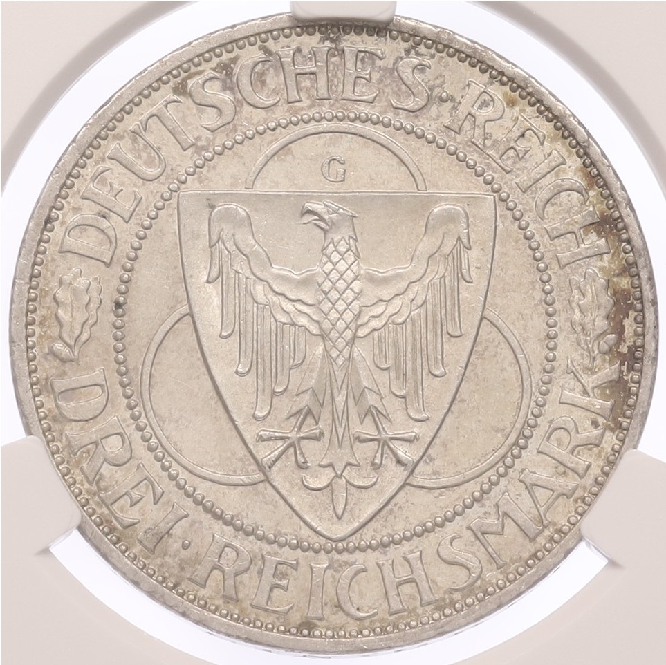 3 рейхсмарки 1930 года G Германия «Освобождение Рейнланда» в слабе CPRC (MS63) — Фото №2