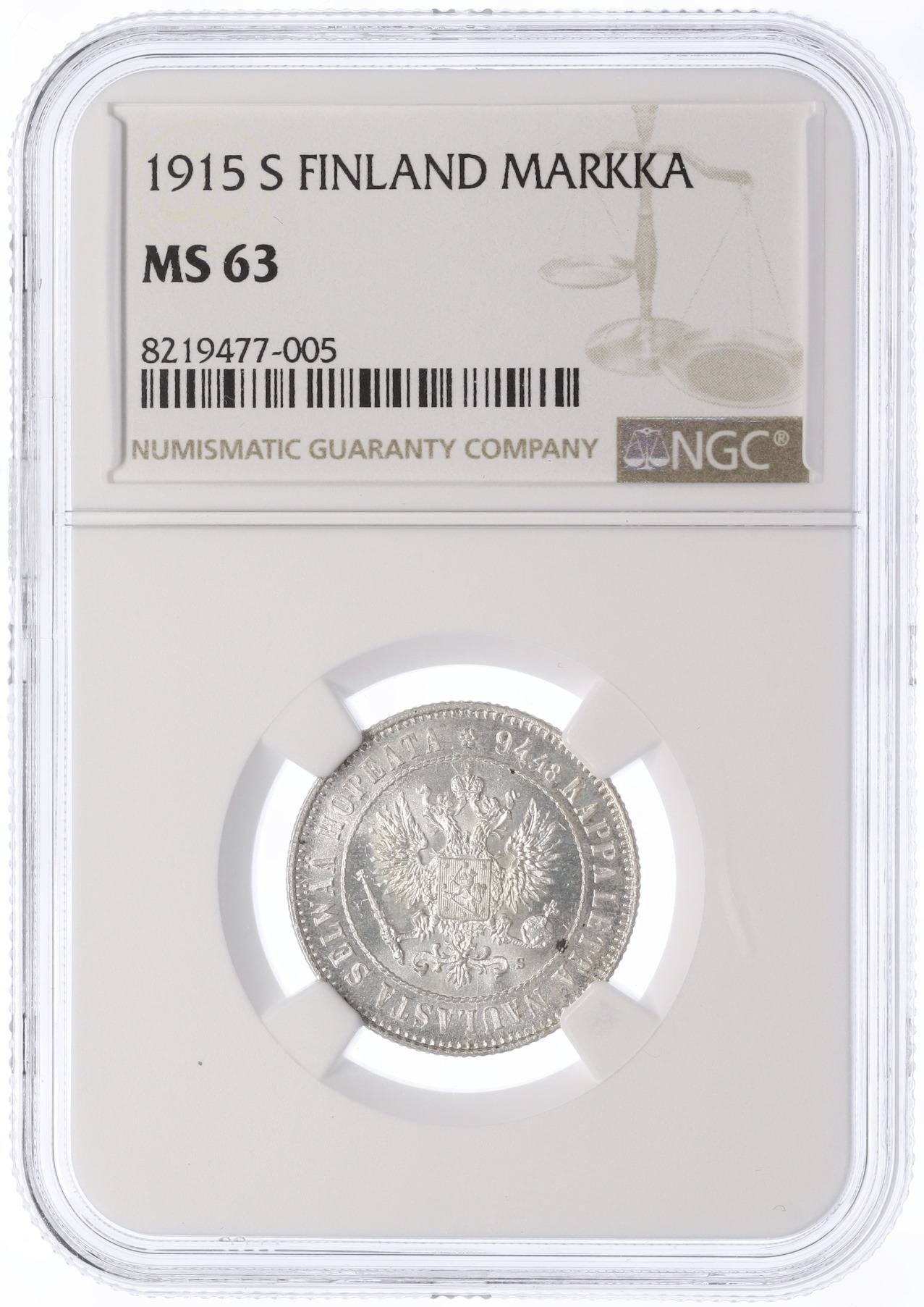 1 марка 1915 года Русская Финляндия — в слабе NGC (MS63) — Фото №3