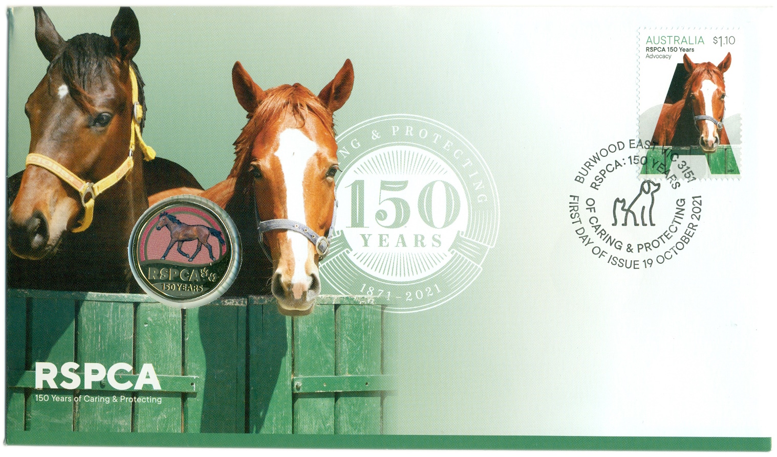 1 доллар 2021 года Австралия «150 лет Королевскому обществу по предотвращению жестокого обращения с животными» (в конверте с маркой) — Фото №3
