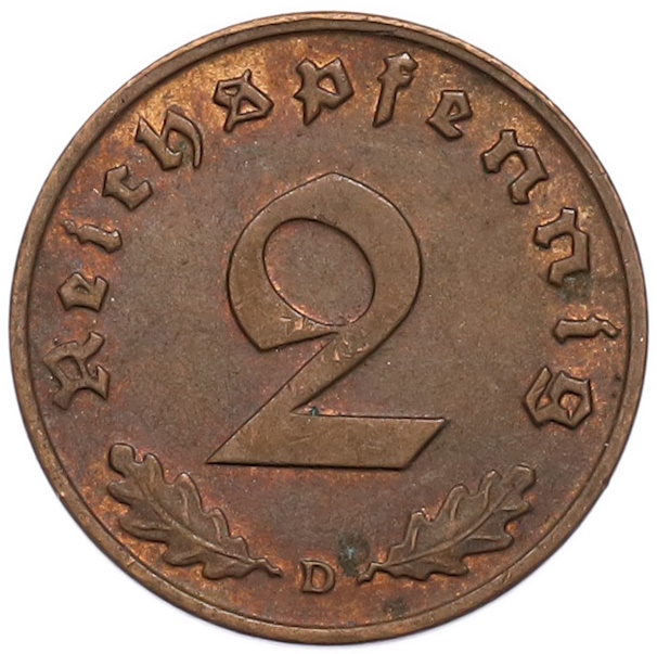 2 рейхспфеннига 1939 года D Германия — Фото №2