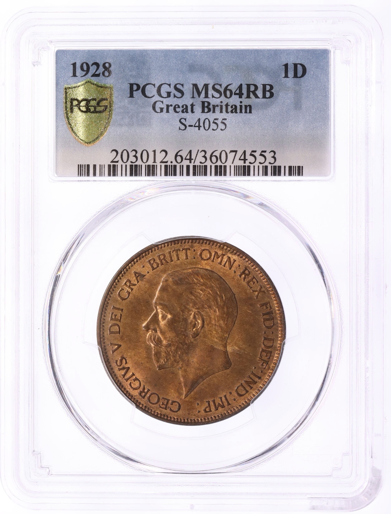 1 пенни 1928 года Великобритания (Король Георг V) в слабе PCGS (MS64RB) — Фото №3