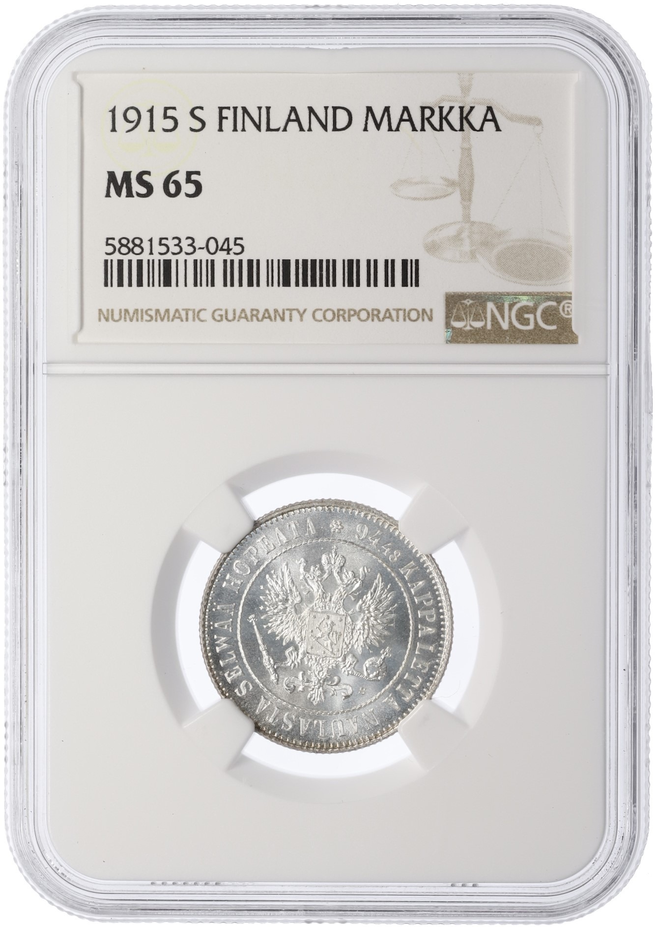 1 марка 1915 года Русская Финляндия — в слабе NGC (MS65) — Фото №3