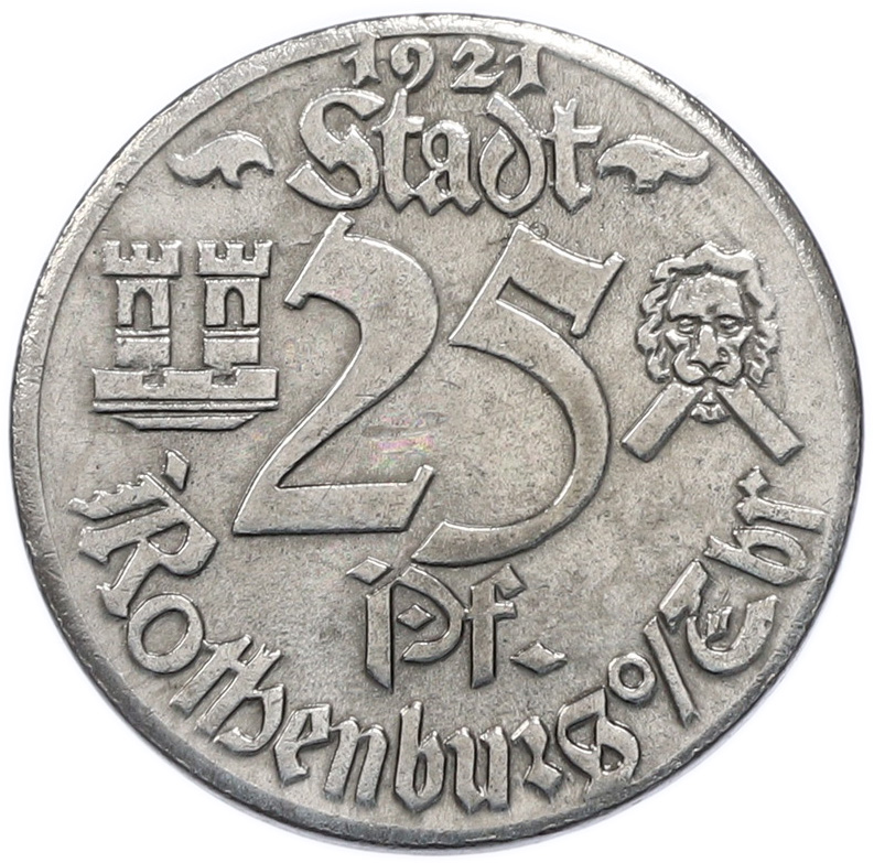 25 пфеннигов 1921 года Германия — город Ротенбург-об-дер-Таубер (Нотгельд) «Оборонительная башня Штёберлайнстурм» — Фото №2