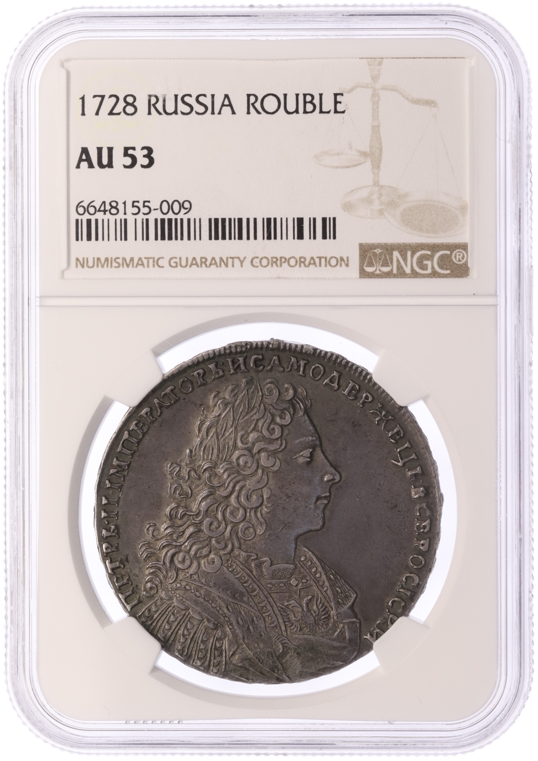 1 рубль 1728 года Российская Империя (Петр II) в слабе NGC (AU53) — Фото №3