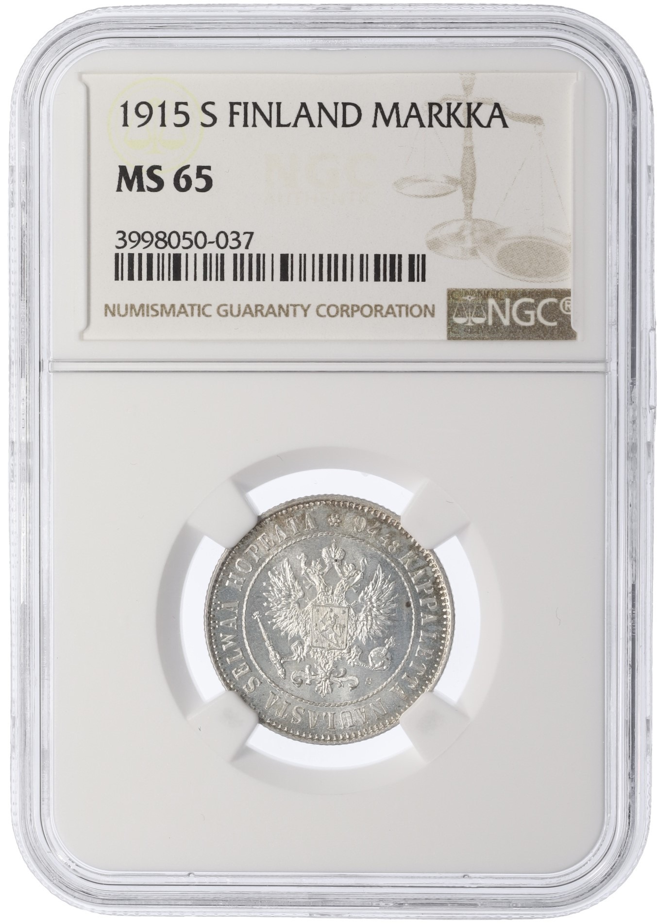 1 марка 1915 года Русская Финляндия — в слабе NGC (MS65) — Фото №3