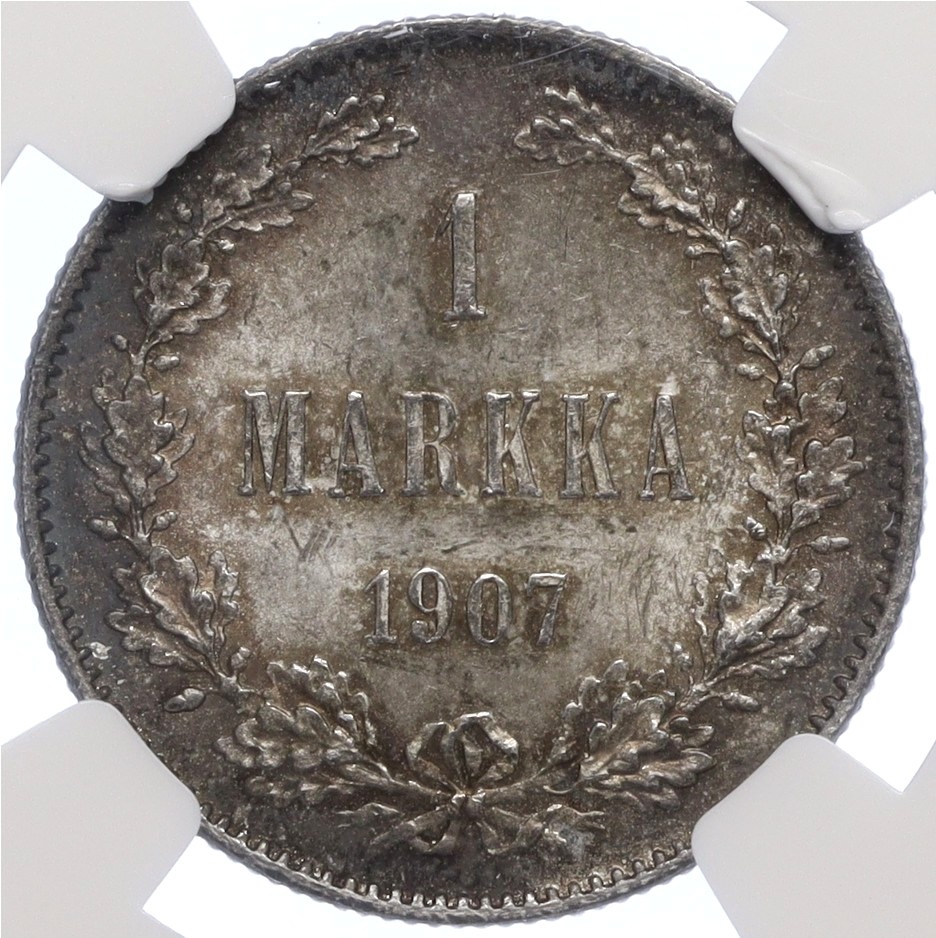 1 марка 1907 года Русская Финляндия — в слабе NGC (MS63) — Фото №1