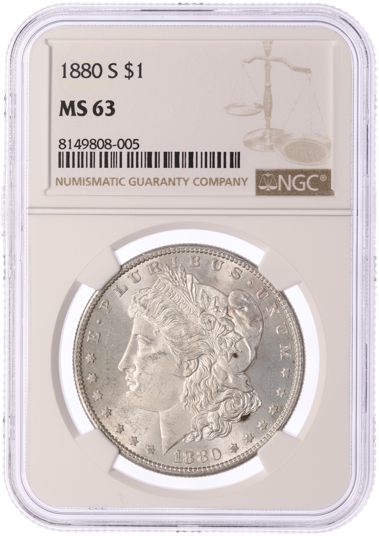 1 доллар 1880 года S США «Доллар Моргана» в слабе NGC (MS63) — Фото №3
