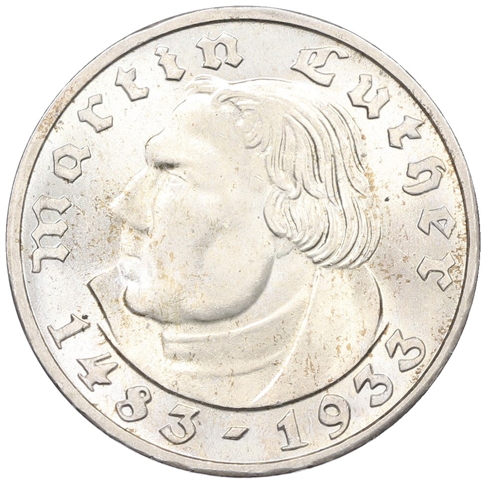 2 рейхсмарки 1933 года F Германия «450 лет со дня рождения Мартина Лютера» — Фото №1