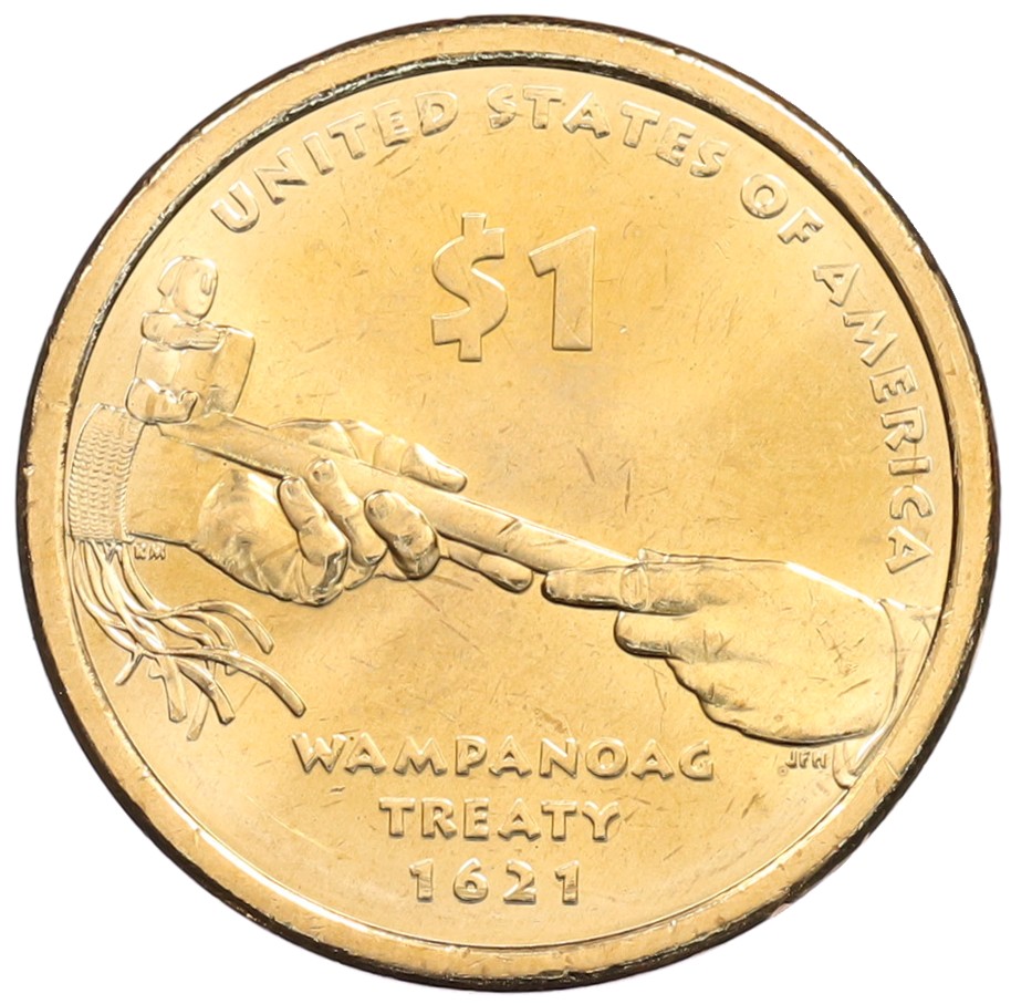 1 доллар 2011 года (D) США «Коренные американцы (Сакагавея) — Договор с индейцами племени Вампаноаги (Трубка мира)» — Фото №1