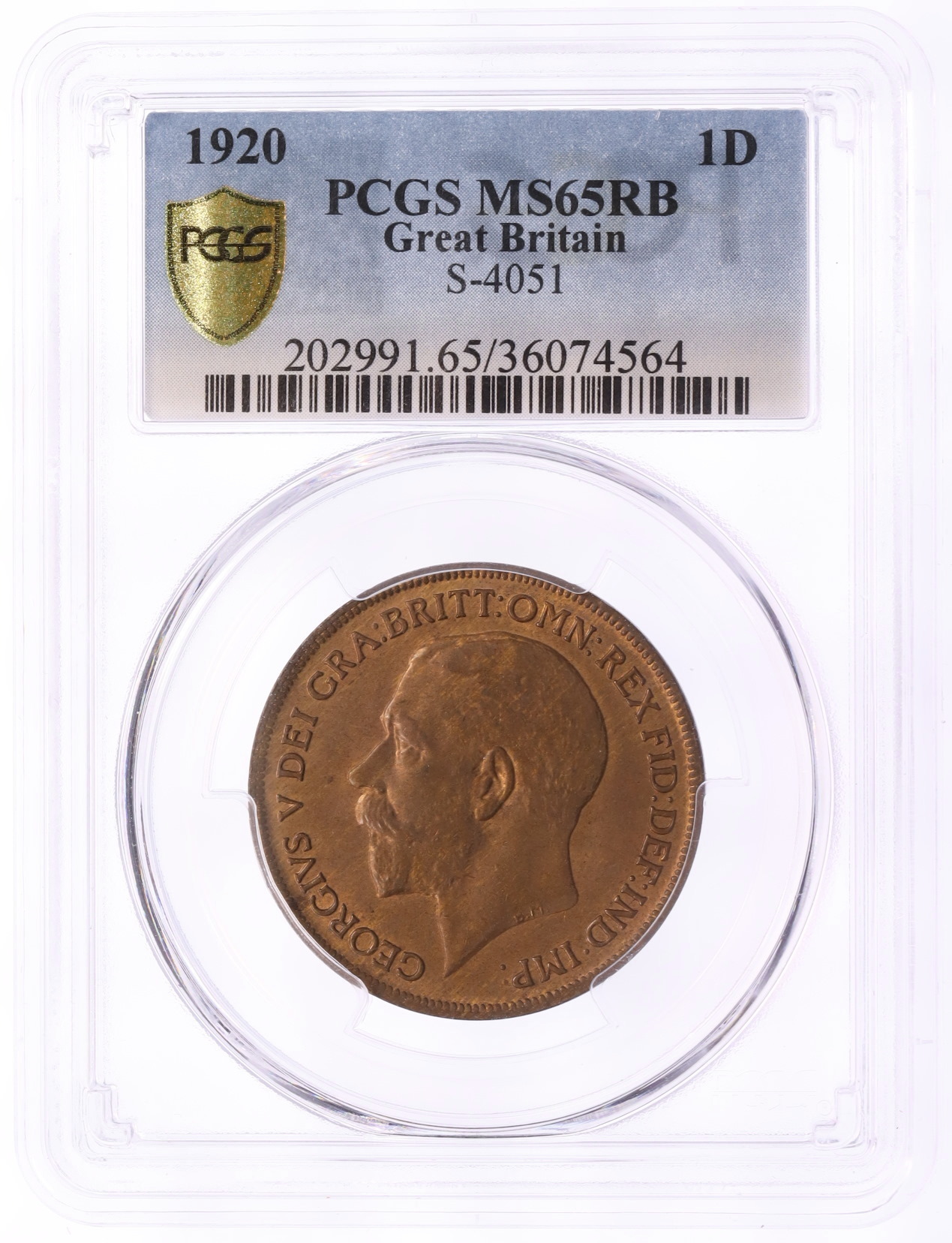 1 пенни 1920 года Великобритания (Король Георг V) в слабе PCGS (MS65RB) — Фото №3