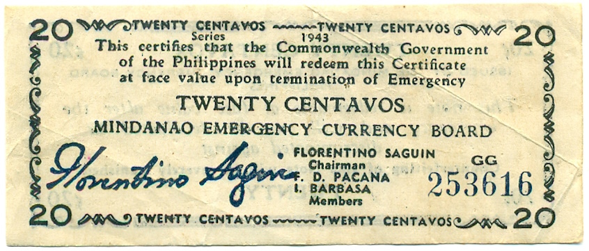 20 сентаво 1943 года Филиппины — провинция Минданао — Фото №1