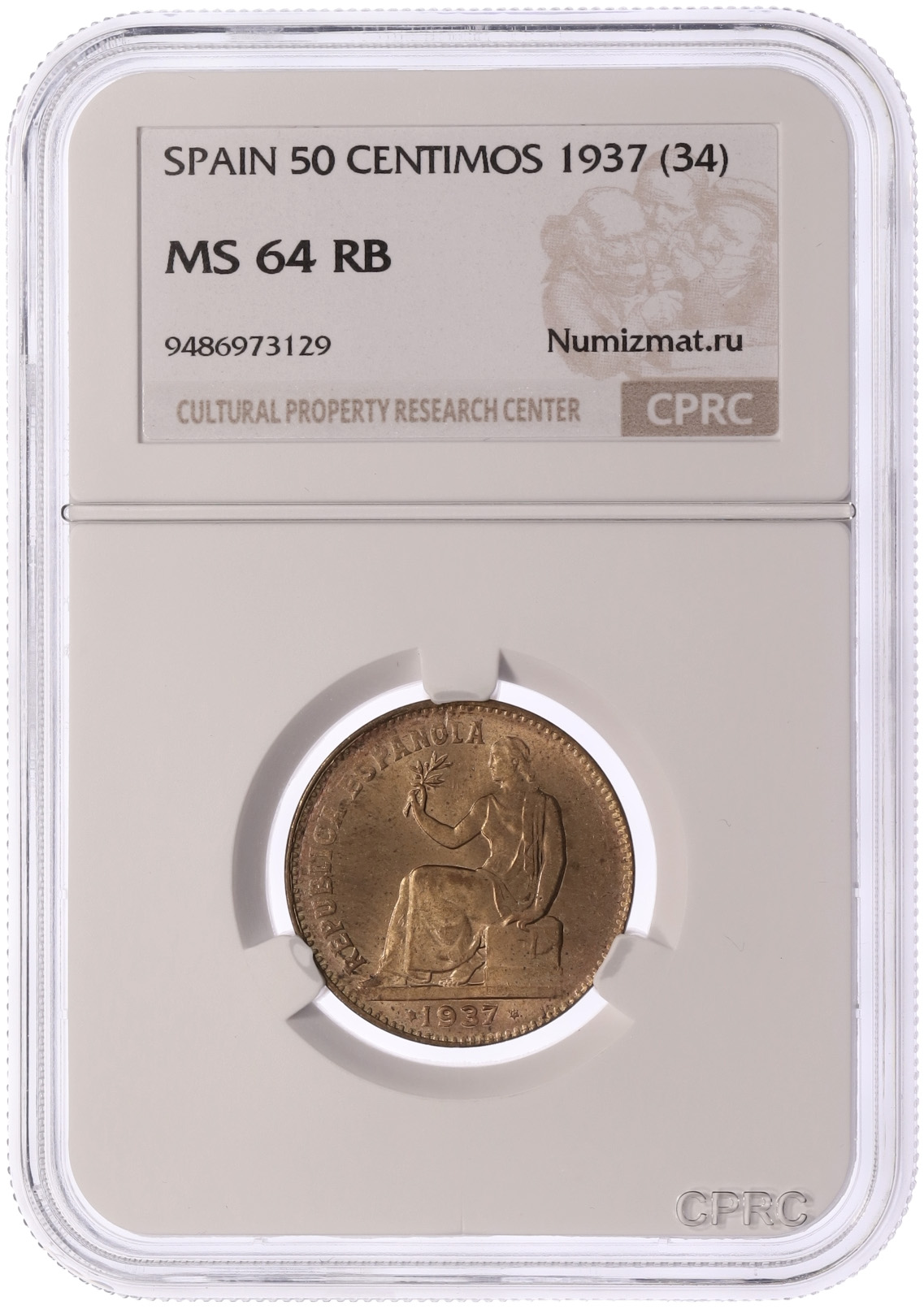 50 сентимо 1937 года Испания — в слабе CPRC (MS64RB) — Фото №3