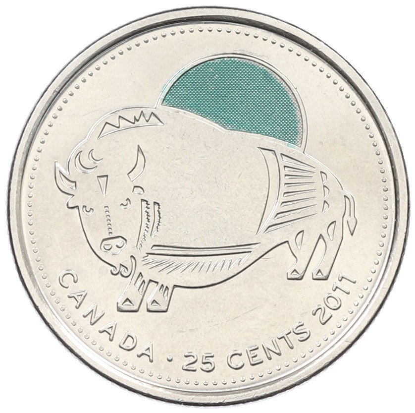 25 центов 2011 года Канада «Природа Канады — Бизон» (Цветное покрытие) — Фото №1