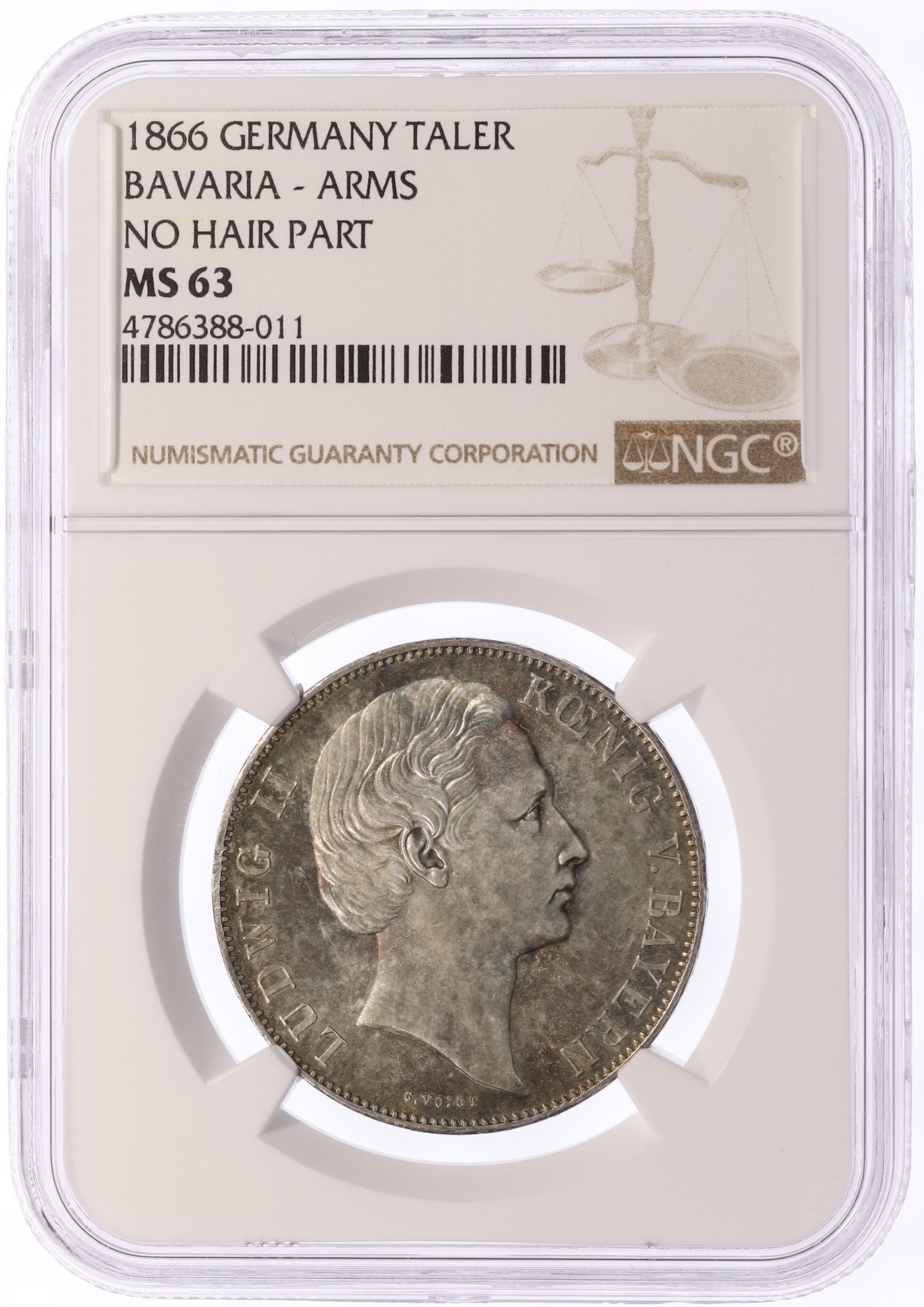 1 союзный талер 1866 года Бавария (Король Людвиг II) в слабе NGC (MS63) — Фото №3