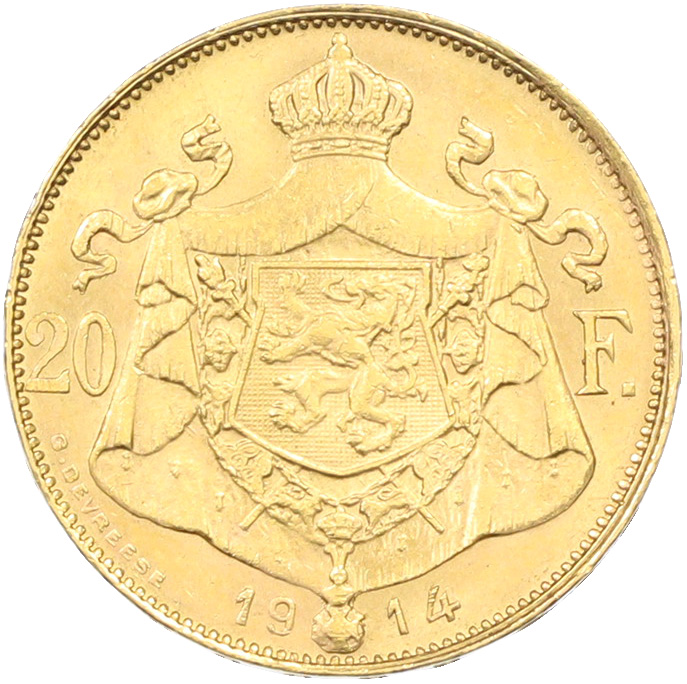 20 франков 1914 года Бельгия — легенда на фламандском (DER BELGEN) — Фото №2