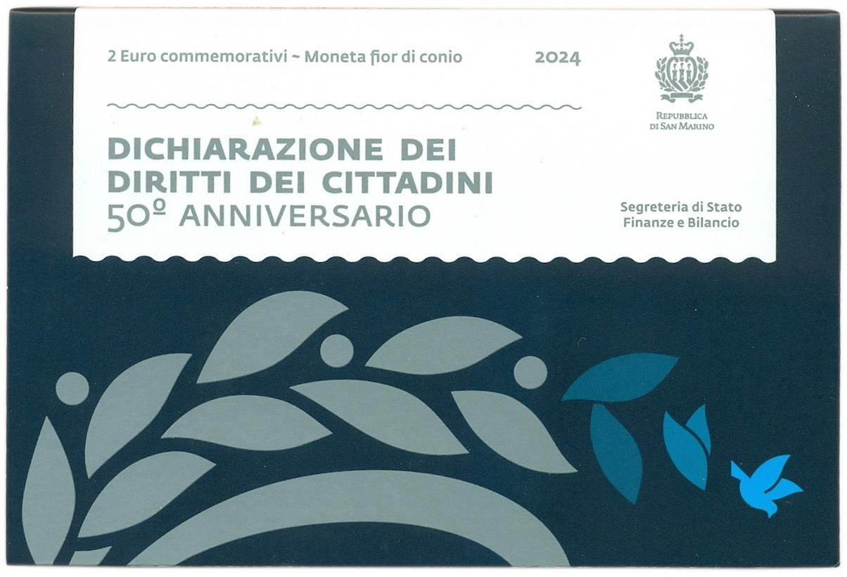 2 евро 2024 года Сан-Марино «50 лет Декларации гражданских прав и основополагающих принципов правовой системы Сан-Марино» (в блистере) — Фото №4