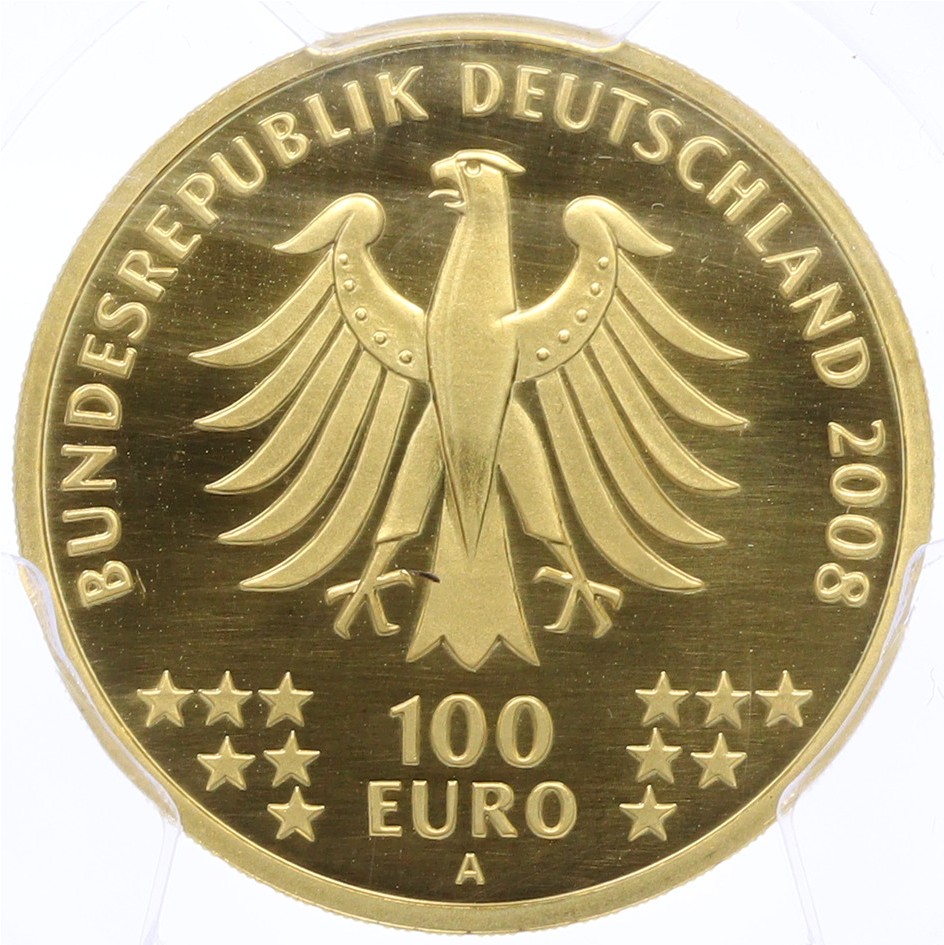 100 евро 2008 года А Германия «Мировое наследие ЮНЕСКО — Гослар» в слабе PCGS (MS70) — Фото №2