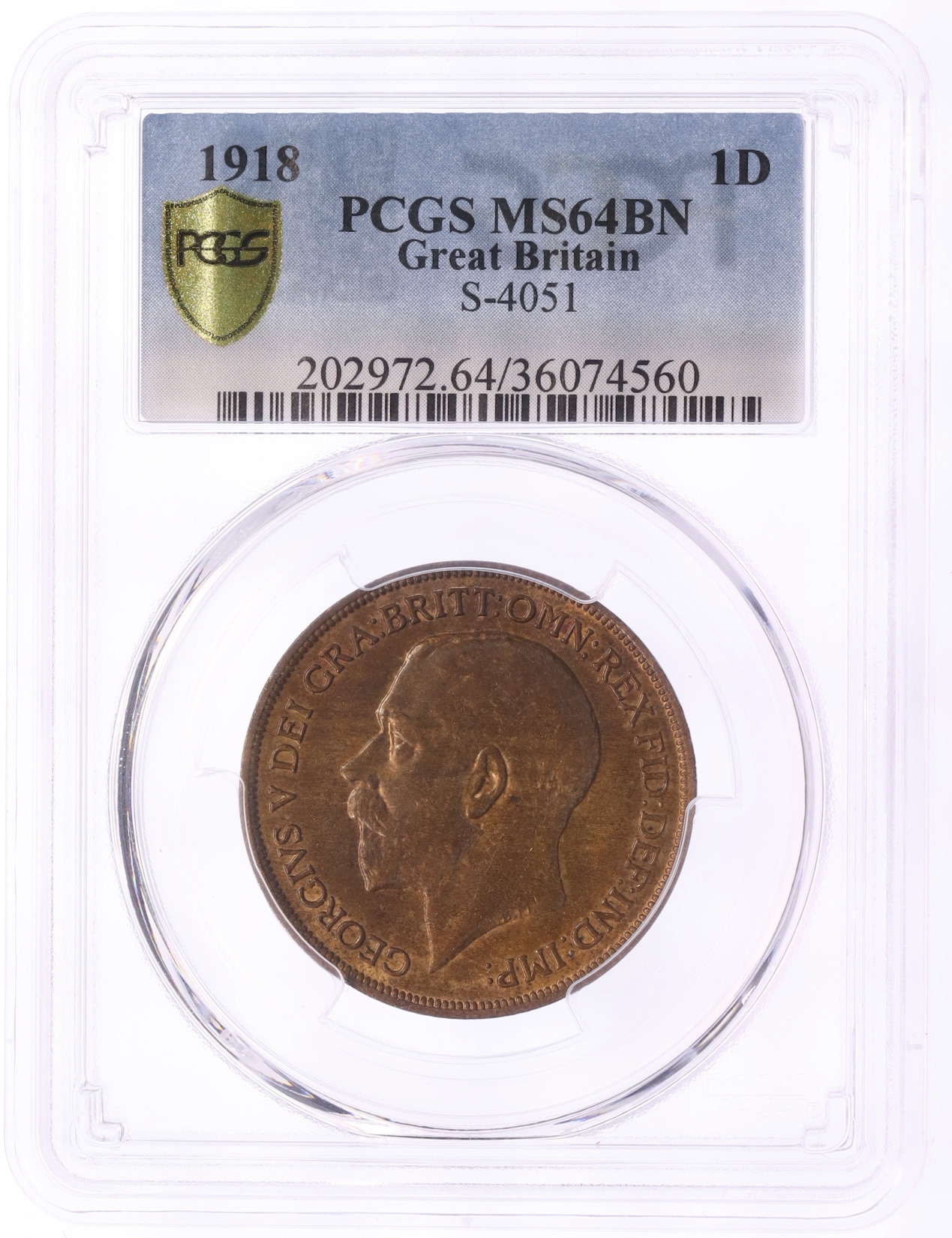1 пенни 1918 года Великобритания (Король Георг V) в слабе PCGS (MS64BN) — Фото №3