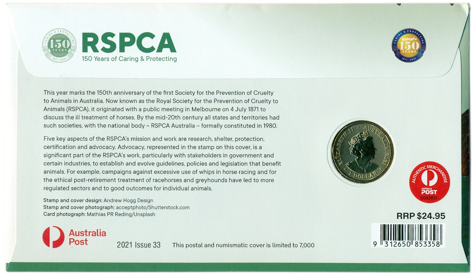 1 доллар 2021 года Австралия «150 лет Королевскому обществу по предотвращению жестокого обращения с животными» (в конверте с маркой) — Фото №4