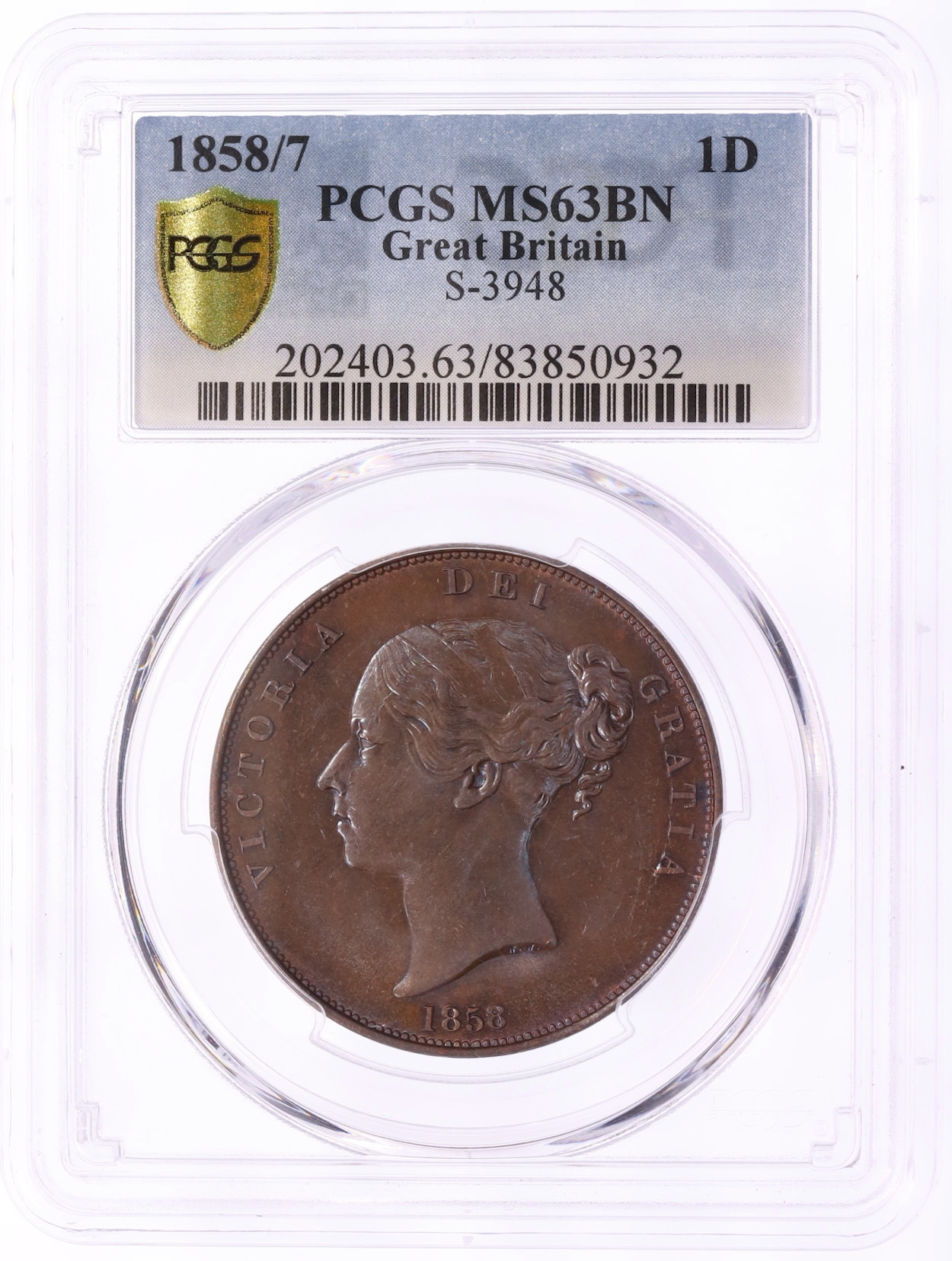 1 пенни 1858 года Великобритания (Королева Виктория) в слабе PCGS (MS63BN) — Фото №3