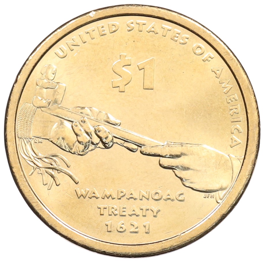 1 доллар 2011 года (P) США «Коренные американцы (Сакагавея) — Договор с индейцами племени Вампаноаги (Трубка мира)» — Фото №1