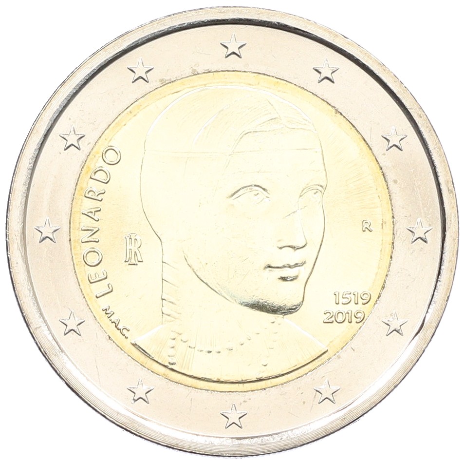 2 евро 2019 года Италия «500 лет со дня смерти Леонардо да Винчи» — Фото №1