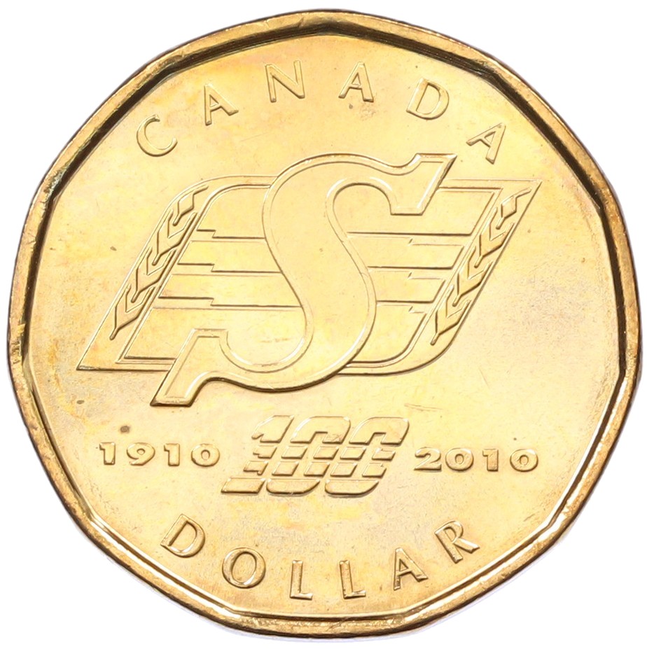 1 доллар 2010 года Канада «100 лет футбольной команде Саскачеван Рафрайдерс» — Фото №1