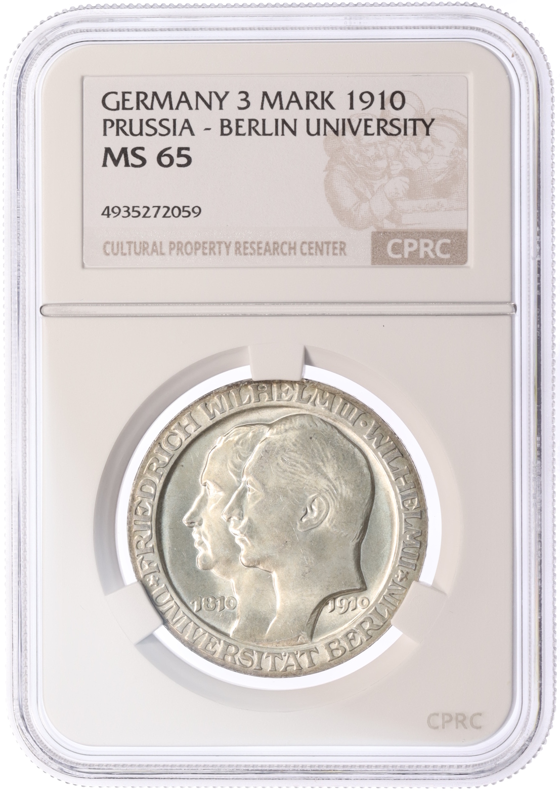 3 марки 1910 года Германия (Пруссия) «Берлинский университет» в слабе CPRC (MS65) — Фото №3