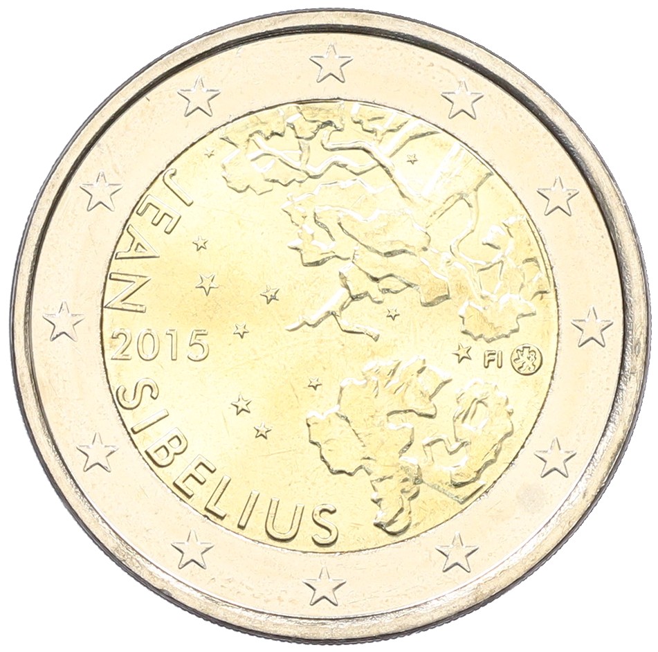2 евро 2015 года Финляндия «150 лет со дня рождения Яна Сибелиуса» — Фото №1
